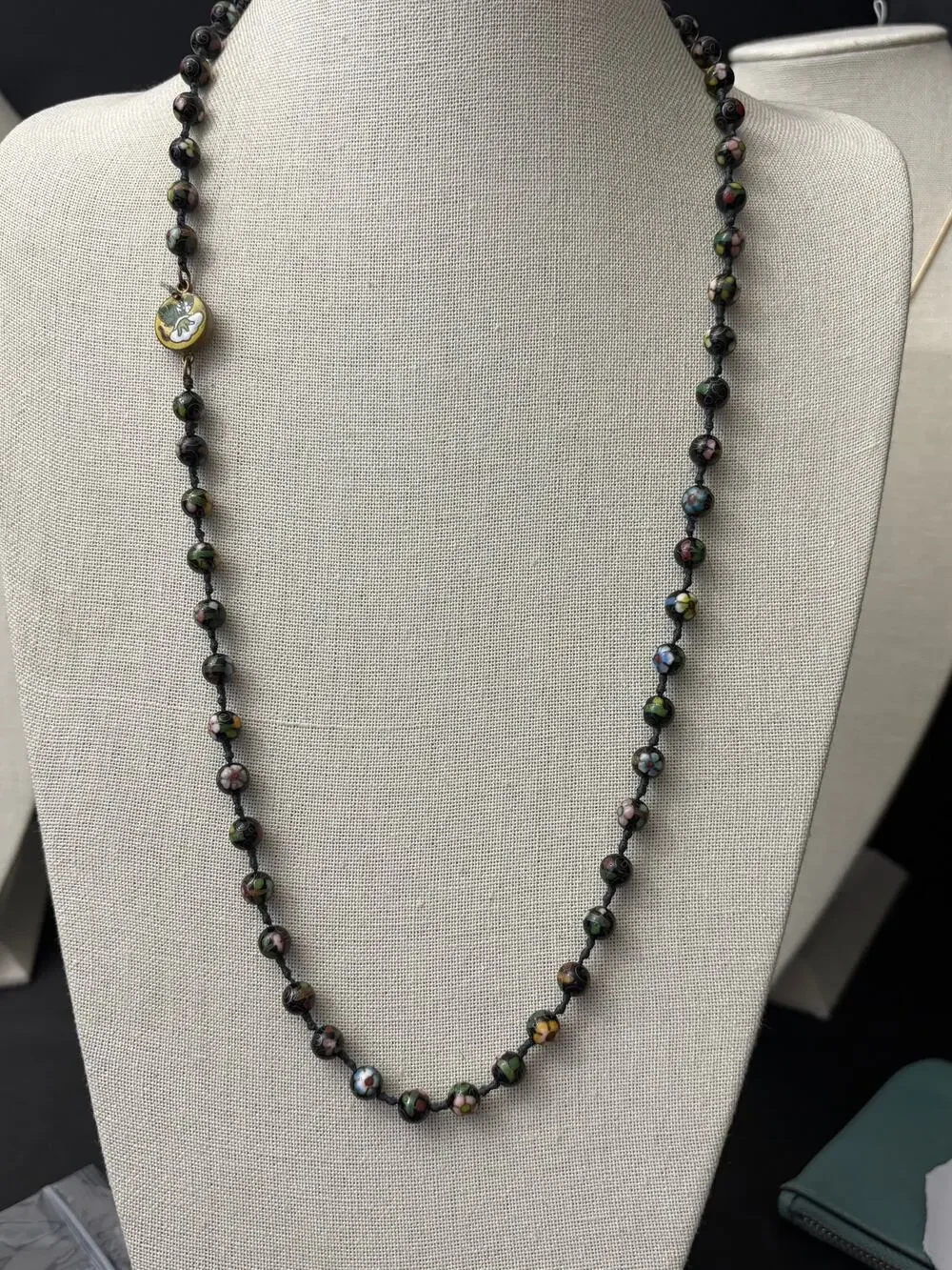 Vintage Chinese Cloisonne Bead Necklace 30in Double Knotted Silk 8mm
